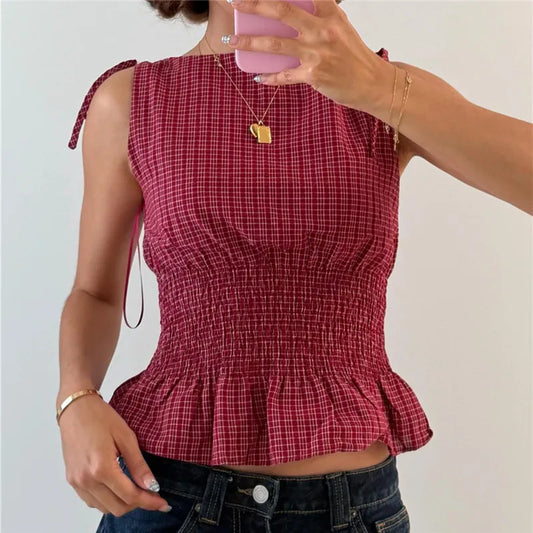 Gingham Tie Shoulder Ruched Tank Top