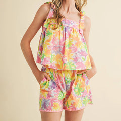 Floral Print Sleeveless Tie Up Tops with Shorts Sleepwear Set