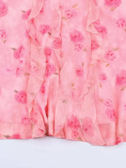 Pink Rose Print Ruffle Midi Dress