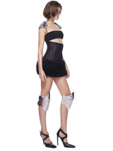 Black Fur Gem Corset Cut Out Mini Dress