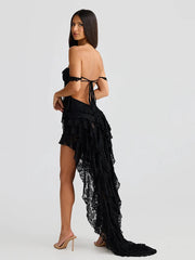 Lace Ruffle Irregular Open Back Midi Dress