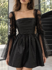 Black Satin Sheer Long Polka Dot Sleeves Mini Dress