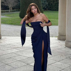 Strapless Ruched Maxi Dress with High Slit And Scarf
