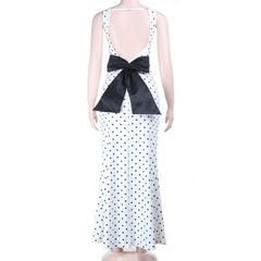 White Polka Dot Backless Bow Tie Maxi Dress