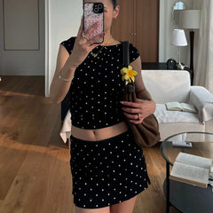Polka Dot Short Sleeve Boat Neck Crop Top and Low Rise Mini Skirt Set