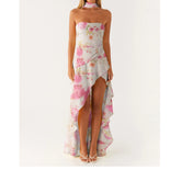 Strapless Printed Ruffles Midi Dress with Scarf