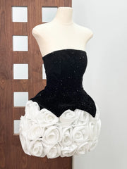 Black Corset Top And 3D White Flowers Skirt Two Piece Set