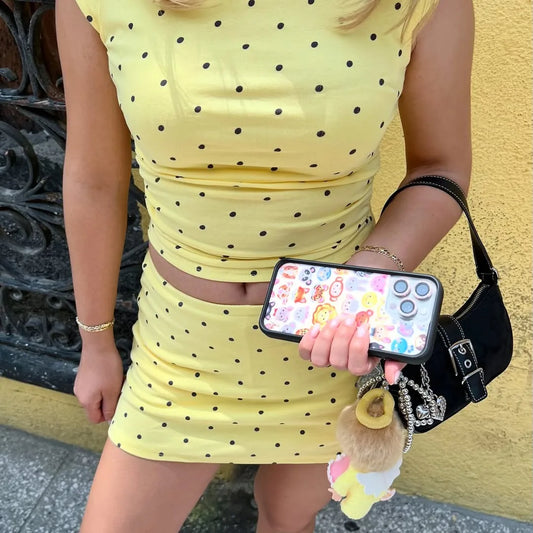 Polka Dot Short Sleeve Boat Neck Crop Top and Low Rise Mini Skirt Set