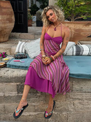 Stripe Print Open Back Tie Crop Top And Midi Skirt Set