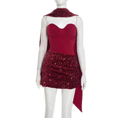 Scarf Collar Sequin Strapless Mini Dress