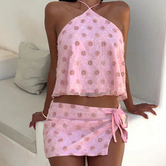 Sequin Pink Halter Camis Backless Tie Up Crop Tops + Split Mini Skirt Set