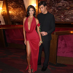 Halter Deep Cowl Neck Split Maxi Dress