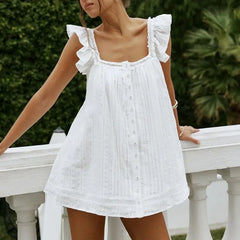White Frill Trim Square Neck Mini Pleated Dress