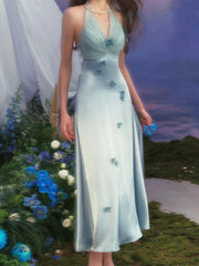 Blue 3D Flower Applique Mesh Halter Midi Dress
