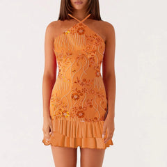 Sequin Halter Neck Frill Mini Dress
