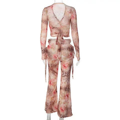 Sheer Printed V Neck Long Sleeve T-shirt And Trouser Matching Set