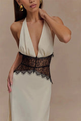 Lace Patchwork Halter Satin Maxi Dress