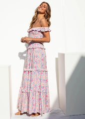 Flowers Print Off Shoulder Long Dress