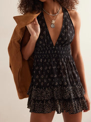 Floral Printed Open Back Halter Mini Dress