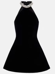 Black Velvet A-Line Embroidered Neck-Mounted Mini Dress