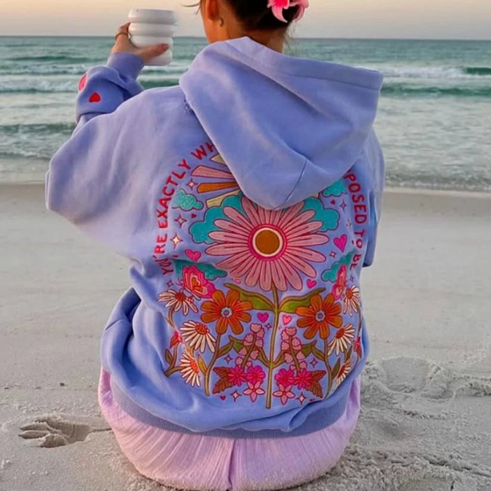 Women's floral letter embroidered hoodie with a loose fit.