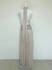 Grey Rhinestone Waist Band Detail Tie Up Backless Mesh Maxi Dress