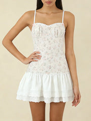 White Floral Print Cami Ruffled Lace Hem Mini Dress