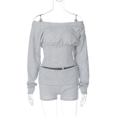 Grey Off Shoulder Puff Crop Top and Shorts Set