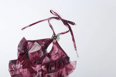 Purple Tie-Dye Tierred Halter Crop Tops And Tassel Mini Skirt Set