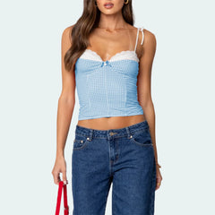 Gingham Lace Trim Spaghetti Strap Top