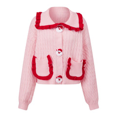 Pink Satin Button Ruffle Pocket Cardigan
