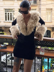 Black Long Sleeve Faux Fur Trim Mini Bodycon Dress