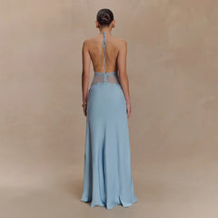 Satin Lace Patchwork V-neck Midi Dress