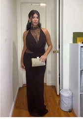 Brown Lace Hollow Out Cowl Maxi Dress