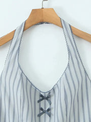 Grey Striped Halter Neck Patchwork Bow Mini Dress