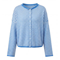 Striped Crew Neck Open Front Button Down Cardigan