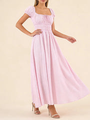 Striped Short Sleeve Ruched Bow Midi Dress