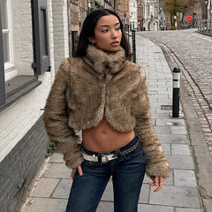 Brown Faux Fur Crop Coat With Patchwork Mini Skirt