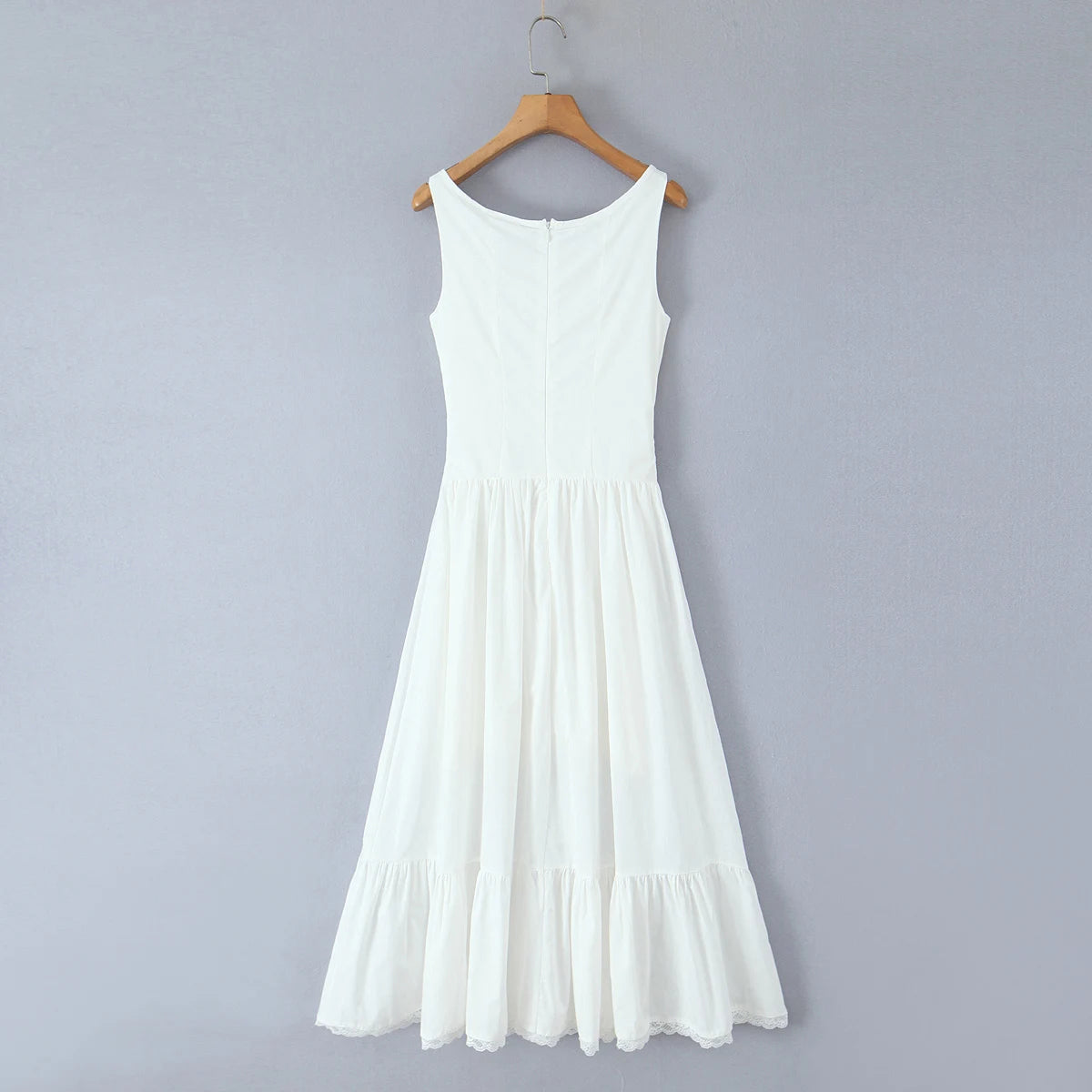 Women's white front buttons tank maxi dress with O-neck and fit-and-flare silhouette.