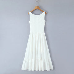Women's white front buttons tank maxi dress with O-neck and fit-and-flare silhouette.