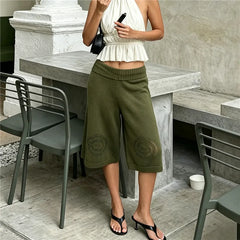 Hollow Swirl Embroidery Drawstring Wide Leg Capri Pants