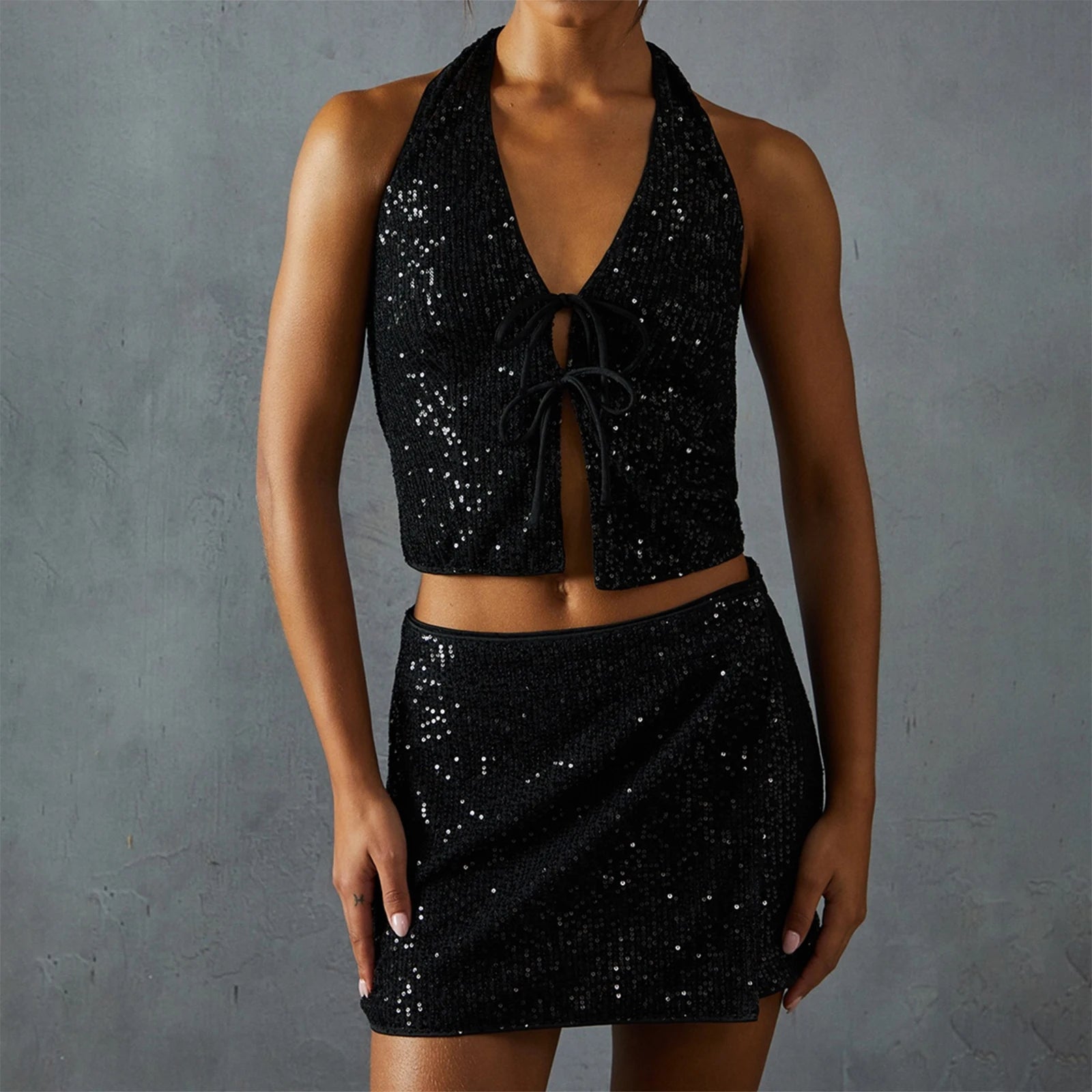 Black sequin top and skirt set