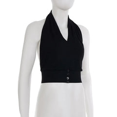 Black Halter Cowl Buttoned Crop Top