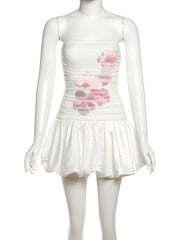 White Puff Strapless Flower Print Mini Dress