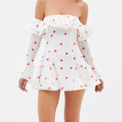 White Heart Print Off Shoulder Mini Dress