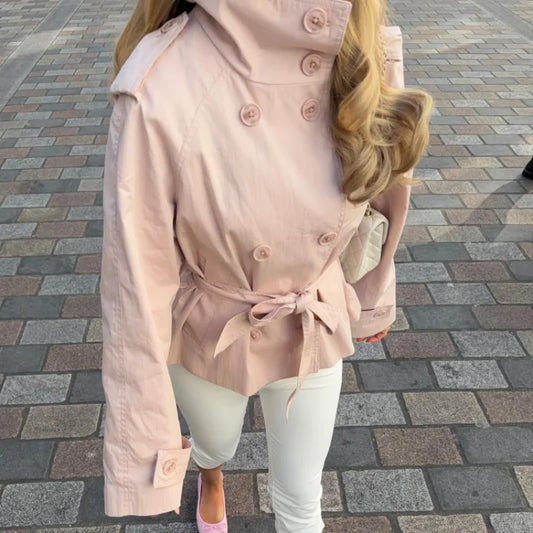 Stand Collar Double Breasted Long Sleeve Belted Short Trench Coat