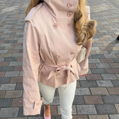 Stand Collar Double Breasted Long Sleeve Belted Short Trench Coat