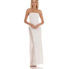 White Strapless Mesh Panel Maxi Dress