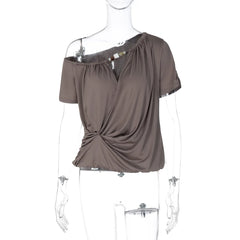Off Shoulder Short Sleeve Folds T-shirt