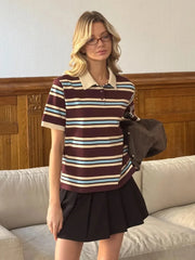 Retro Striped Short Sleeve Polo Neck T-shirt
